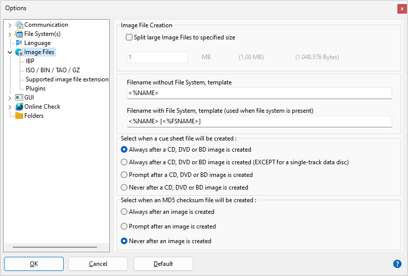 IsoBuster - Einstellungen zum Erstellen von Image-Dateien