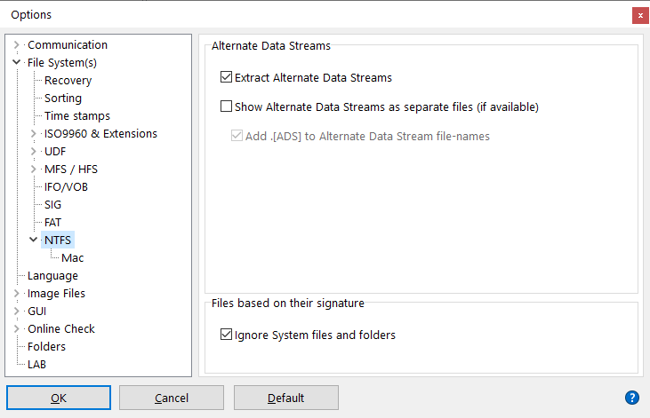 Settaggi File System NTFS