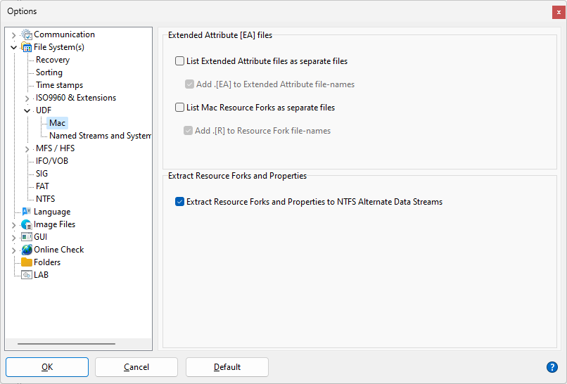 IsoBuster - Impostazioni File System UDF (Mac)