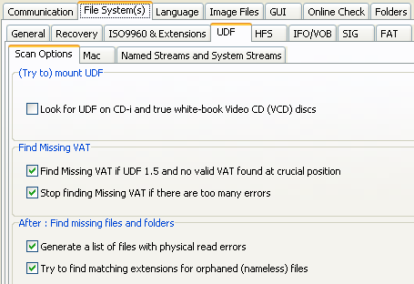 IsoBuster - UDF ファイル システム設定 (スキャン オプション)